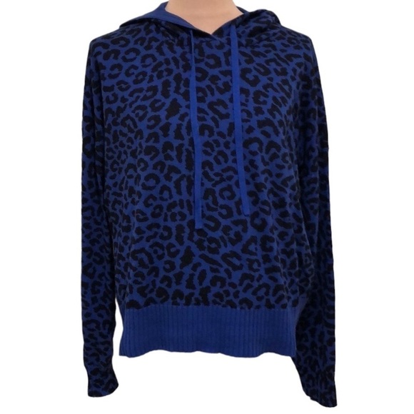 Central Park West Hooded Sweater Size Large Blue Leopard Animal Print Hoodie - Picture 1 of 9